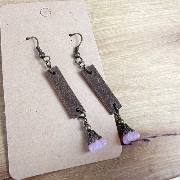 Leather and Flower Earrings Pink Czech Pressed Glass Beads - Picture 3 of 5